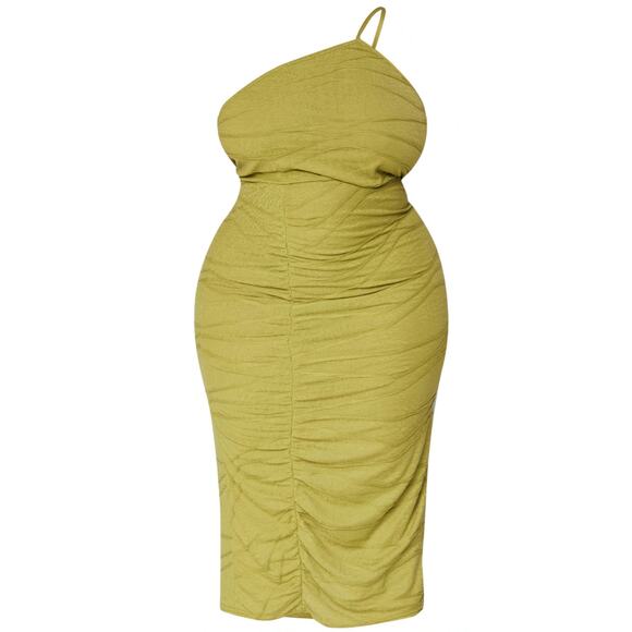 PrettyLittleThing Olive One-Shoulder Ruched Textured Midi Dress | Size 18 - Picture 2 of 9